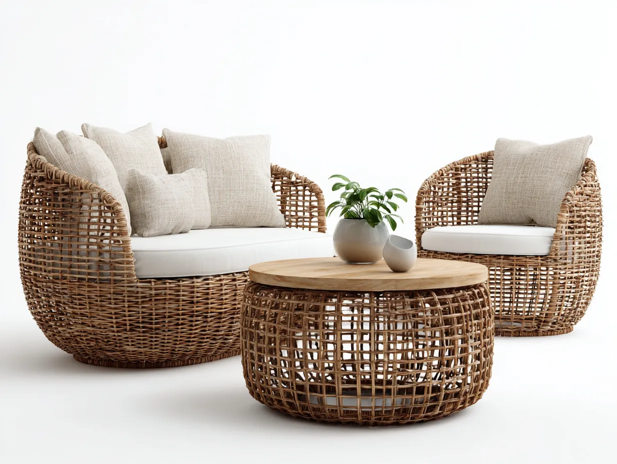 Garten Lounge Set - Rattan-Textil-Holz - 158x82x78 cm - Natur-Hellbeige - minimalistischer Stil-Havenmyshop