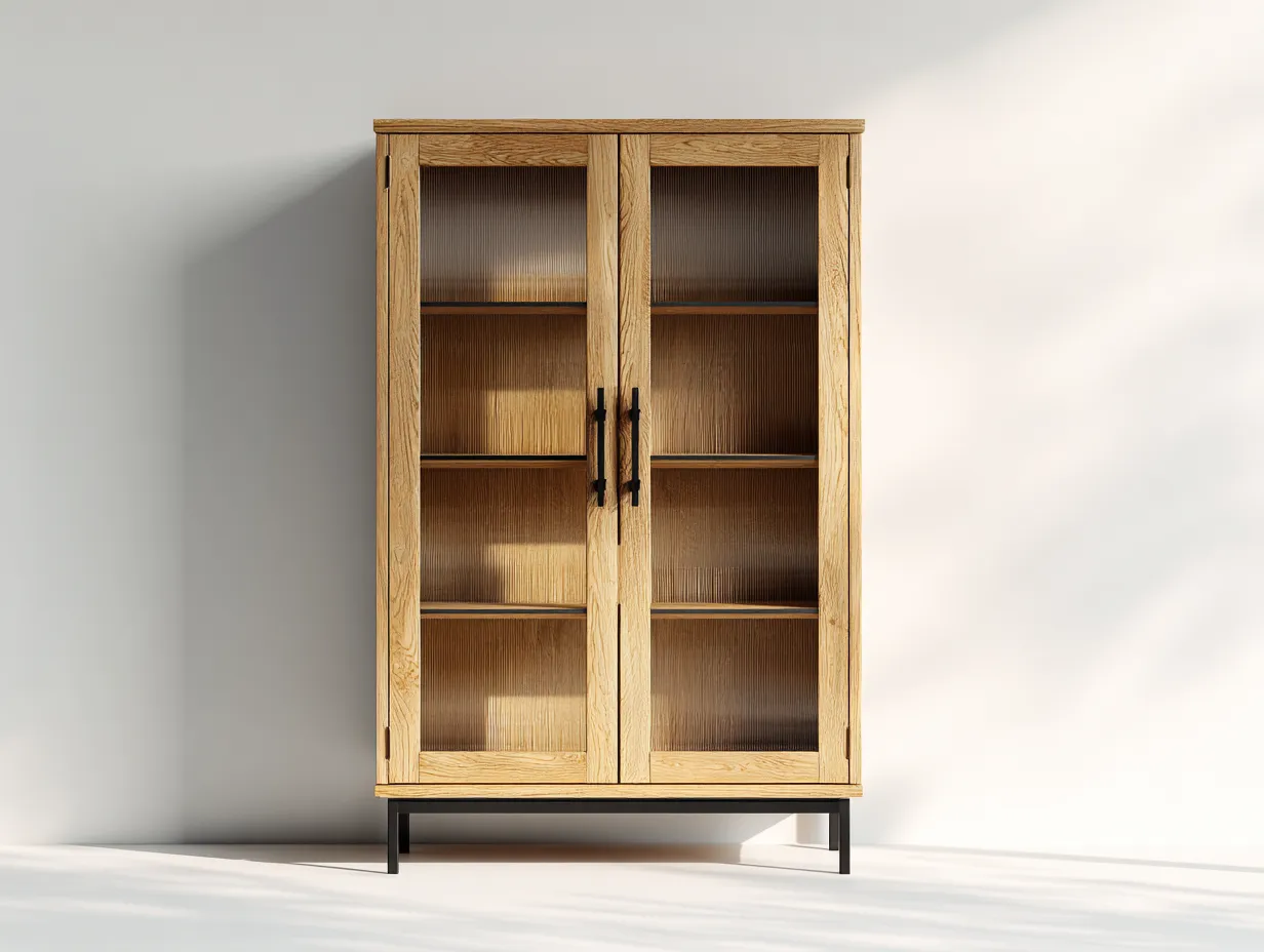 Vitrine - Holz-Glas-Metall - 92x42x168 cm - Naturholz-Schwarz - Modern-Havenmyshop