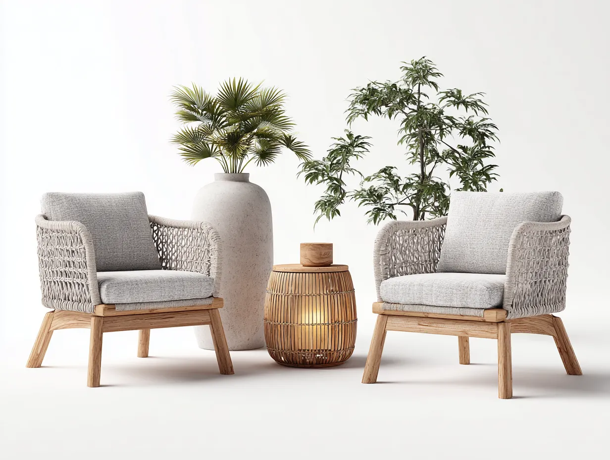 Garten Lounge Set - Rattan-Textil-Holz - 75x74x78 cm - Natur-Grau - minimalistischer Stil-Havenmyshop