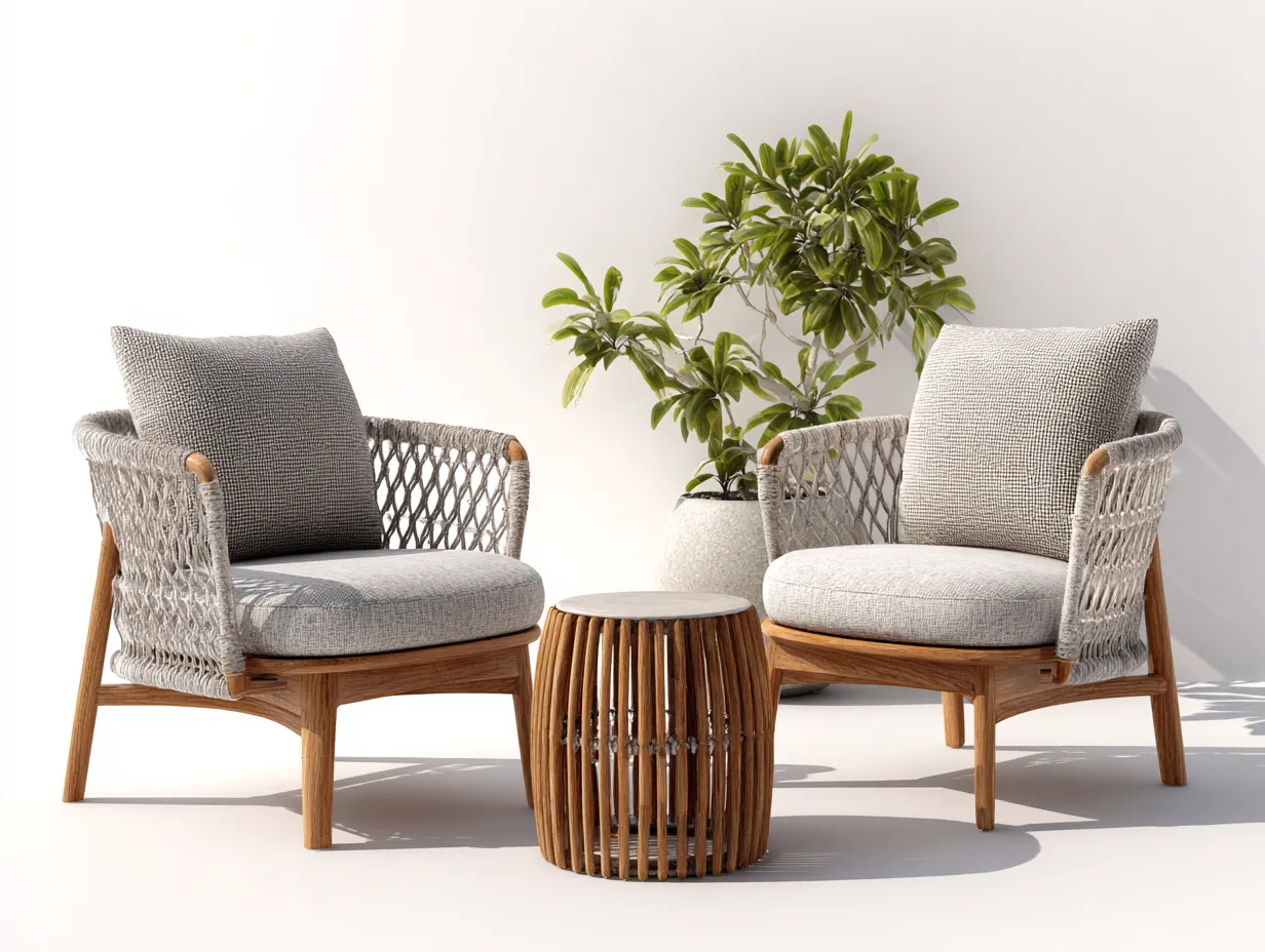 Garten Lounge Set - Rattan-Textil-Holz - 75x72x78 cm - Natur-Grau - minimalistischer Stil-Havenmyshop