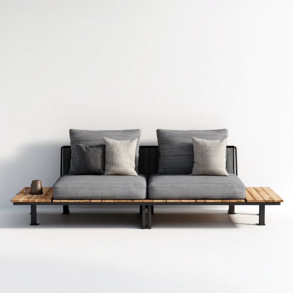 Canapé de jardin 2 places 200x75x85 cm bois et métal - coussins Gris - design moderne