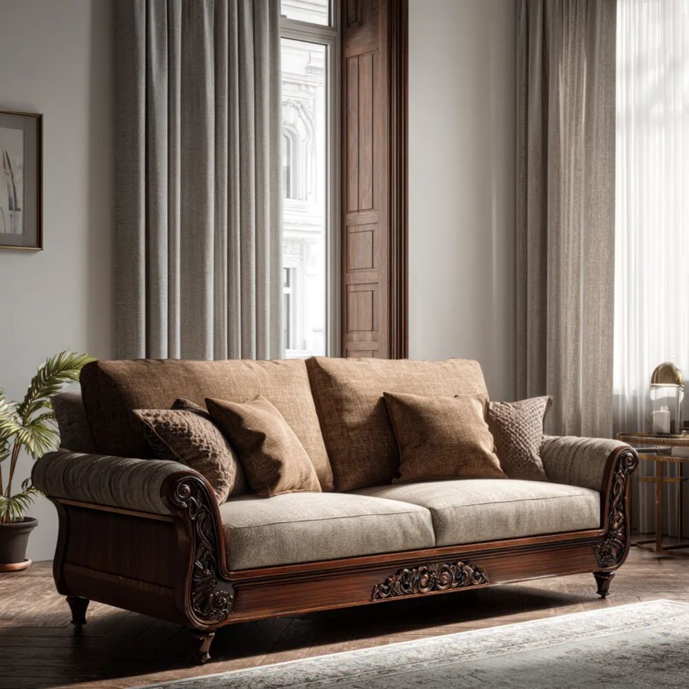 Canapé Deux Places en Bois Sculpté 200x90x85 cm – Marron – Style Classique