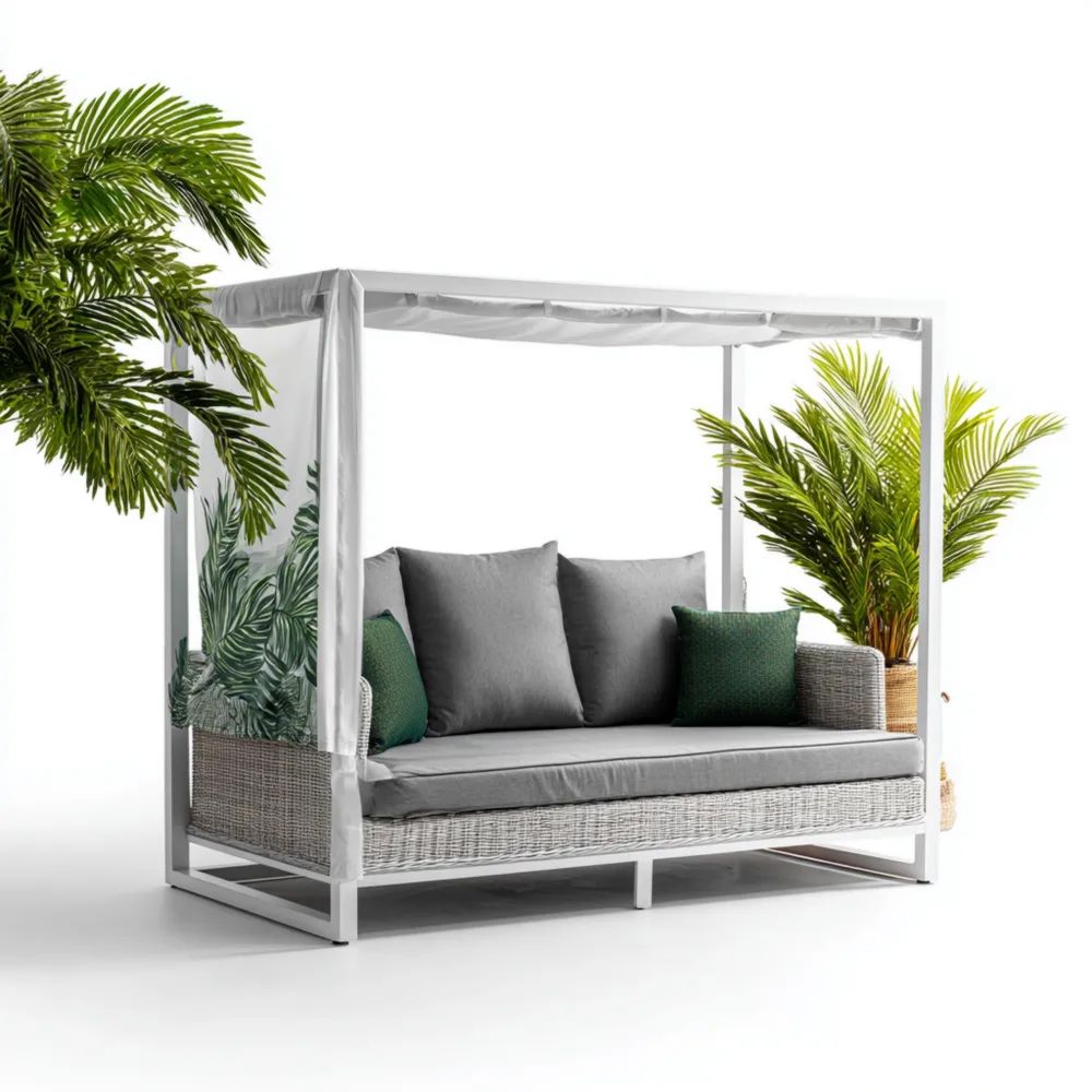 Canapé de jardin en rotin synthétique 200x90x150 cm avec auvent - Gris