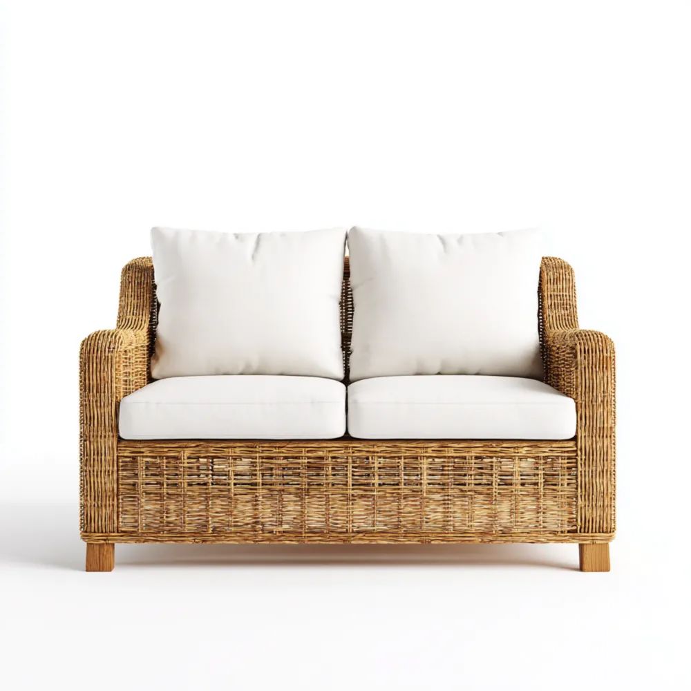 Canapé de jardin en rotin naturel 130x75x85 cm - Coussins Blancs