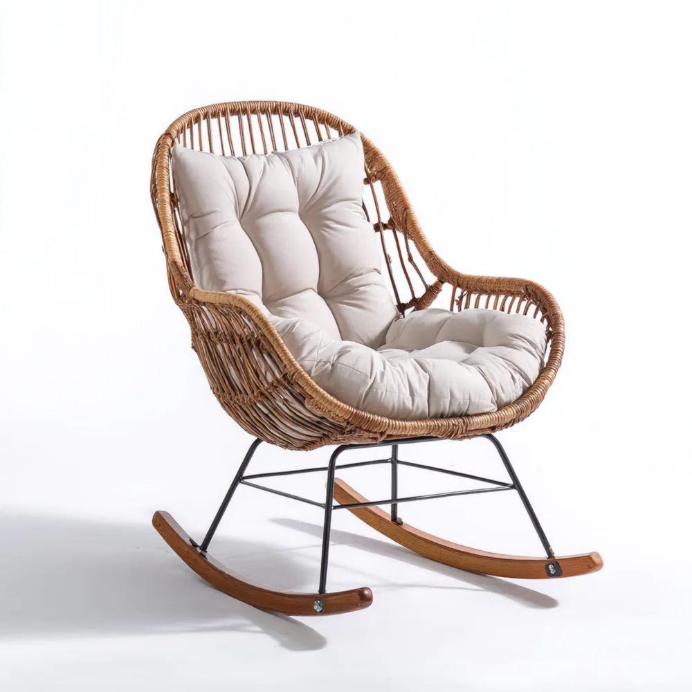 Fauteuil à bascule en rotin 70x80x90 cm avec coussin Beige – Design moderne pour jardin