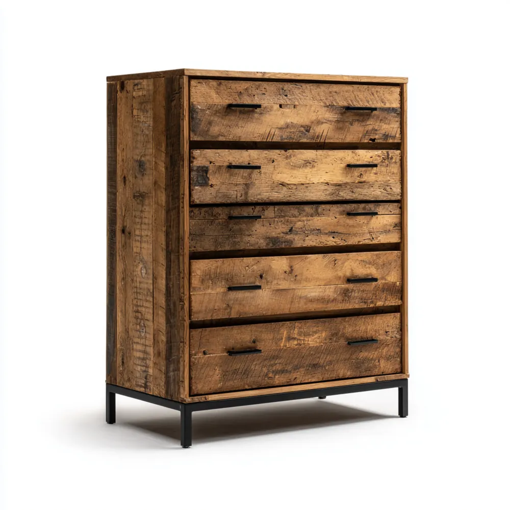 Kommode Massivholz 90x45x120 cm – Rustikale Eichenoptik – Industrielles Design