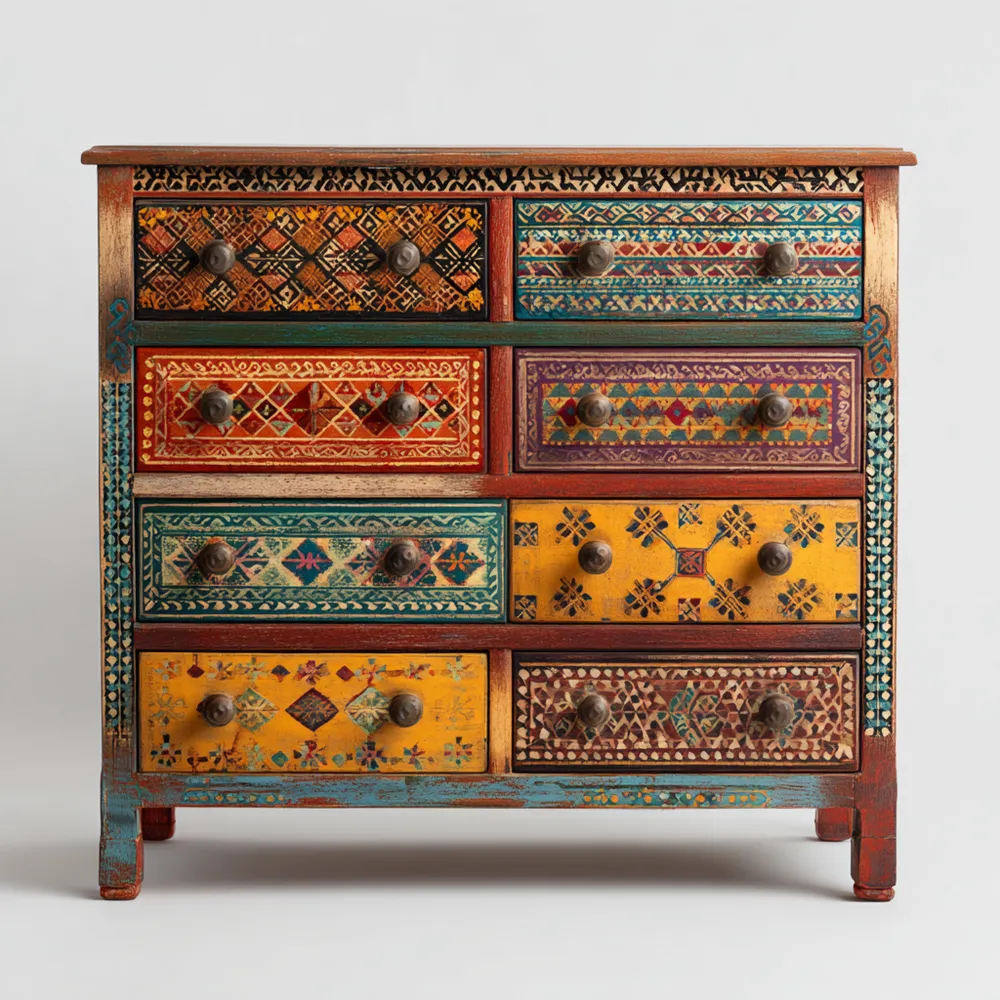 Kommode Holz Antik-Stil 90x40x90 cm – Mehrfarbig – Handverzierung