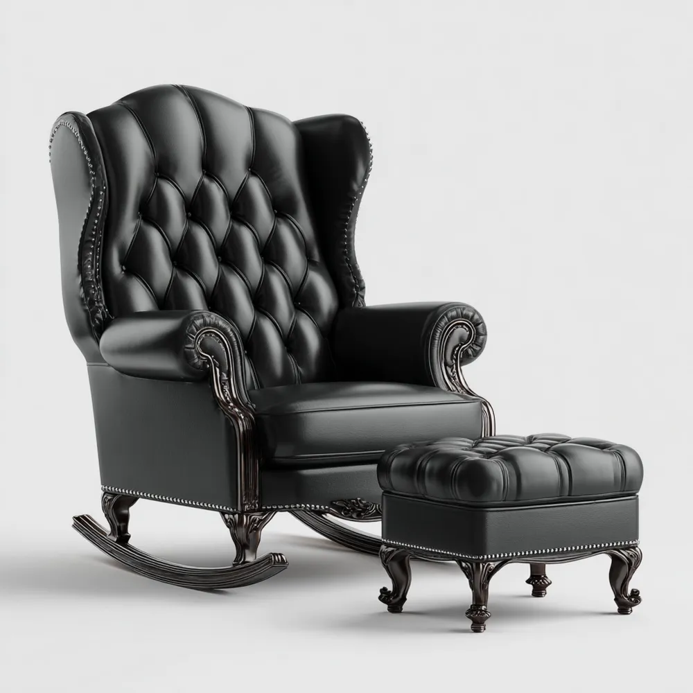 Schaukelstuhl mit Hocker - Leder 105x90x100 cm – Schwarz – Klassisches Design