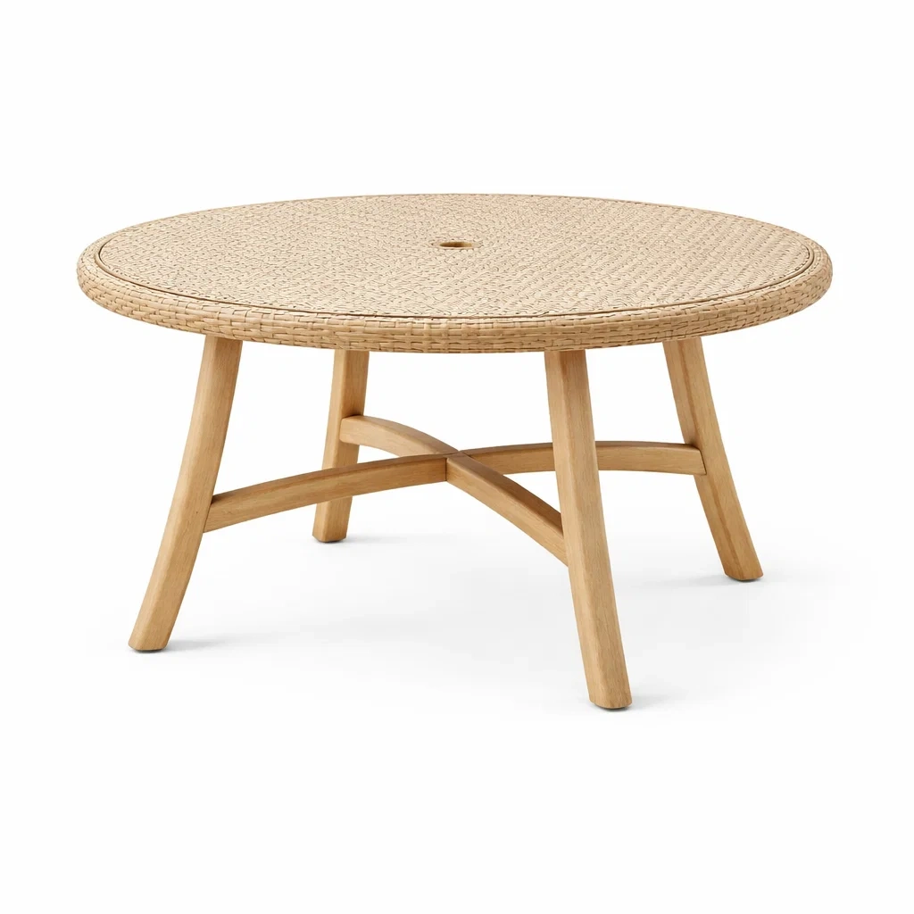 Mesa exterior redonda de ratan con base de madera-homewarda