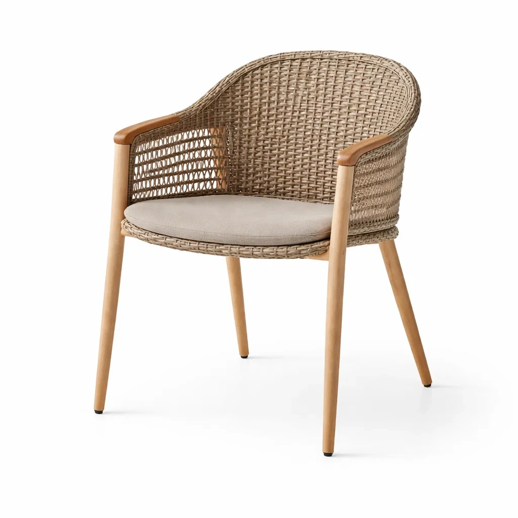 Sillon exterior de ratan con apoyabrazos de madera-homewarda