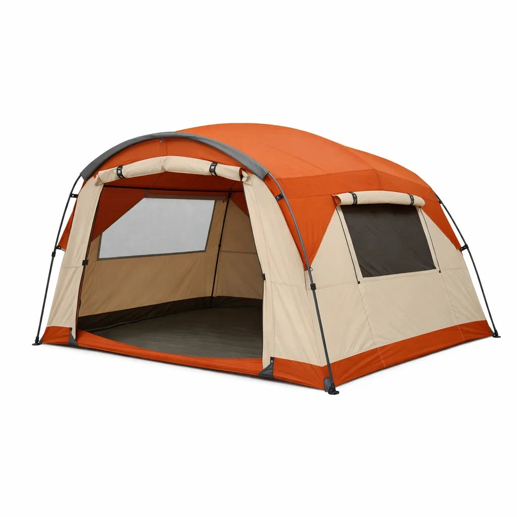 Tienda exterior grande color naranja y beige estructura arqueada-homewarda