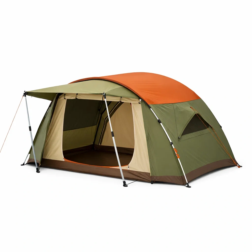 Tienda exterior familiar color verde oliva con techo naranja-homewarda