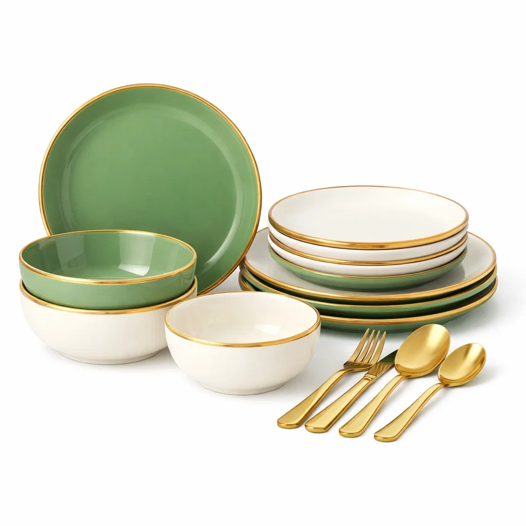 Juego de cubiertos y vajilla ceramica moderna verde-modurni