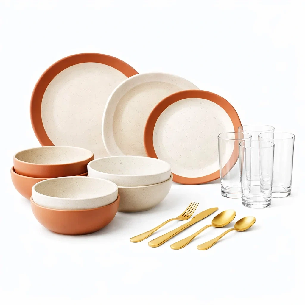 Juego de cubiertos y vajilla ceramica moderna beige-modurni