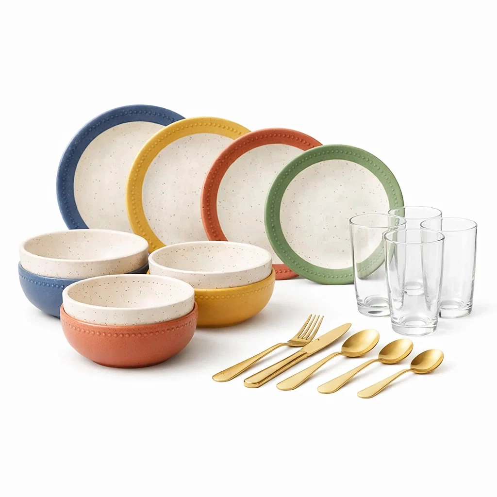 Juego de cubiertos y vajilla ceramica multicolor-modurni