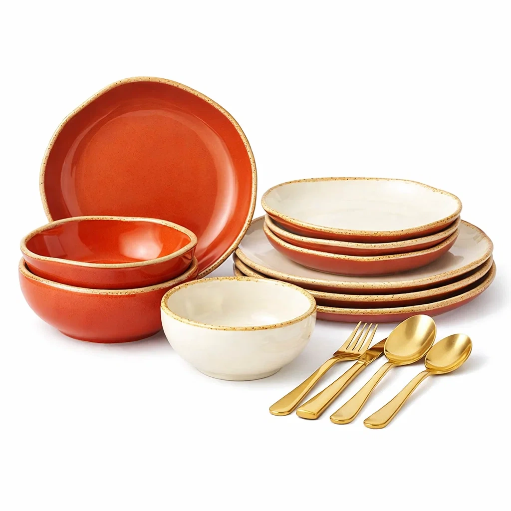 Juego de cubiertos y vajilla ceramica rustica roja-modurni