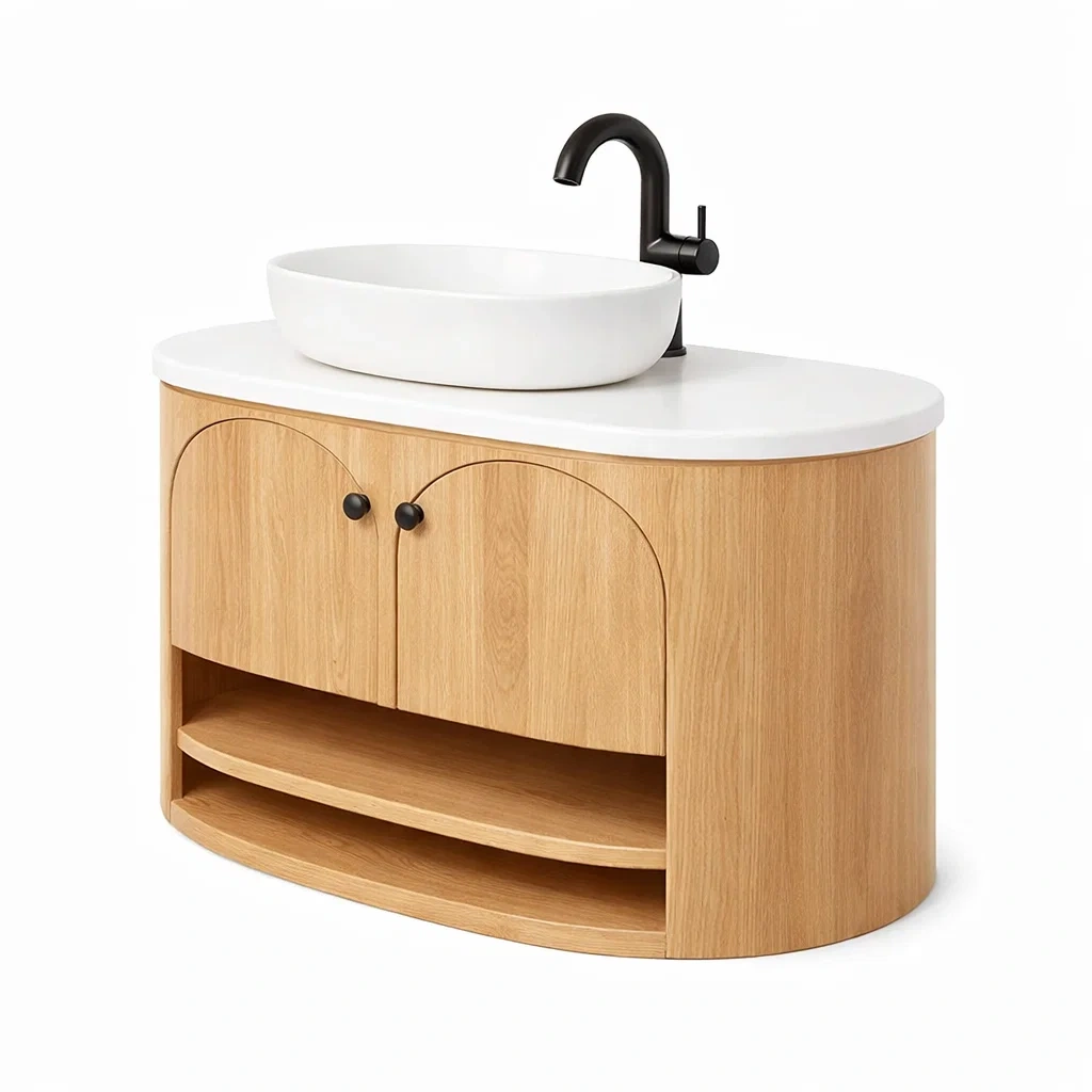 Juego de mesa de bano con lavabo sobre encimera y mueble de madera natural-urbanburl