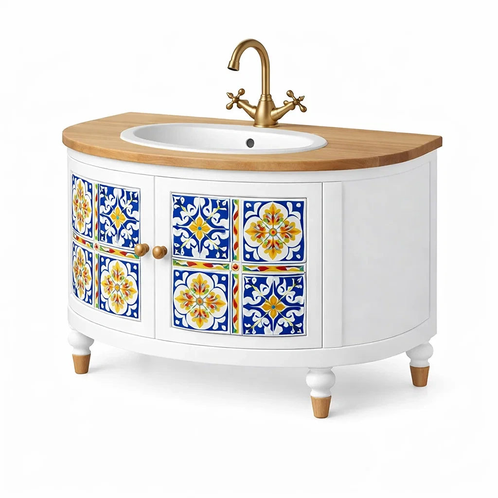 Juego de mesa de bano clasico con lavabo integrado y mueble blanco decorado-urbanburl