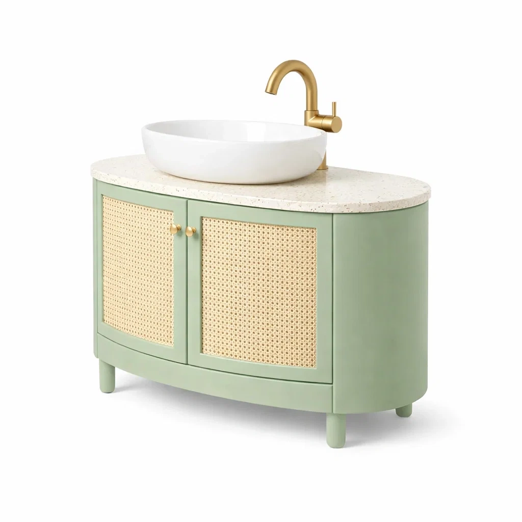 Juego de mesa de bano con lavabo sobre encimera y mueble verde-urbanburl