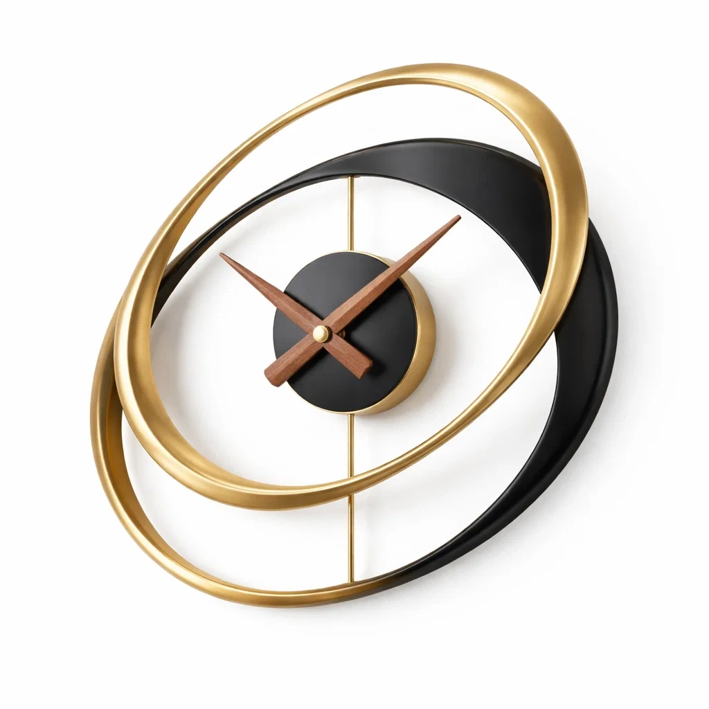 Reloj de pared moderno negro con anillos dorados-urbanburl