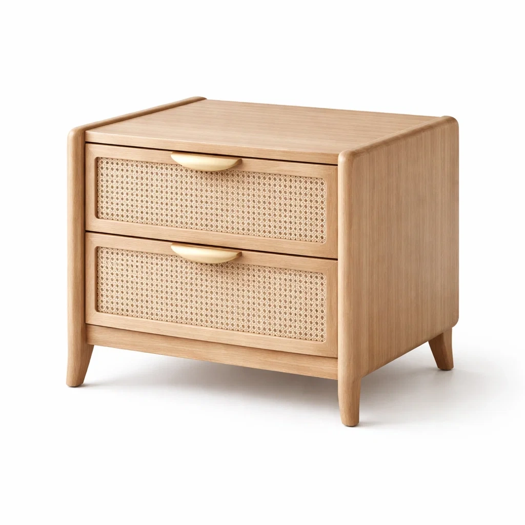 Mesita de noche de madera con frente de ratan-livingnesthub
