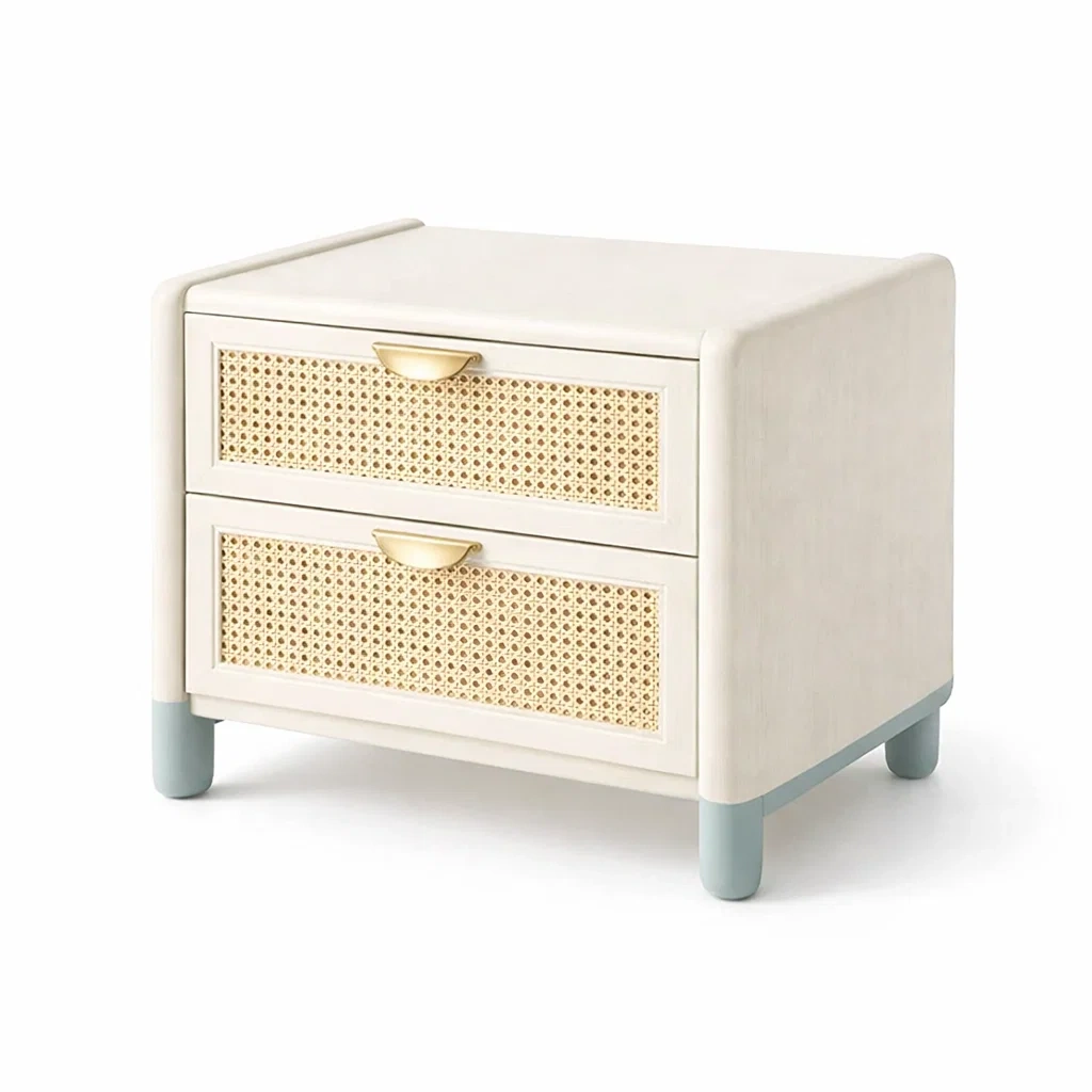 Mesita de noche blanca con detalles de ratan-livingnesthub