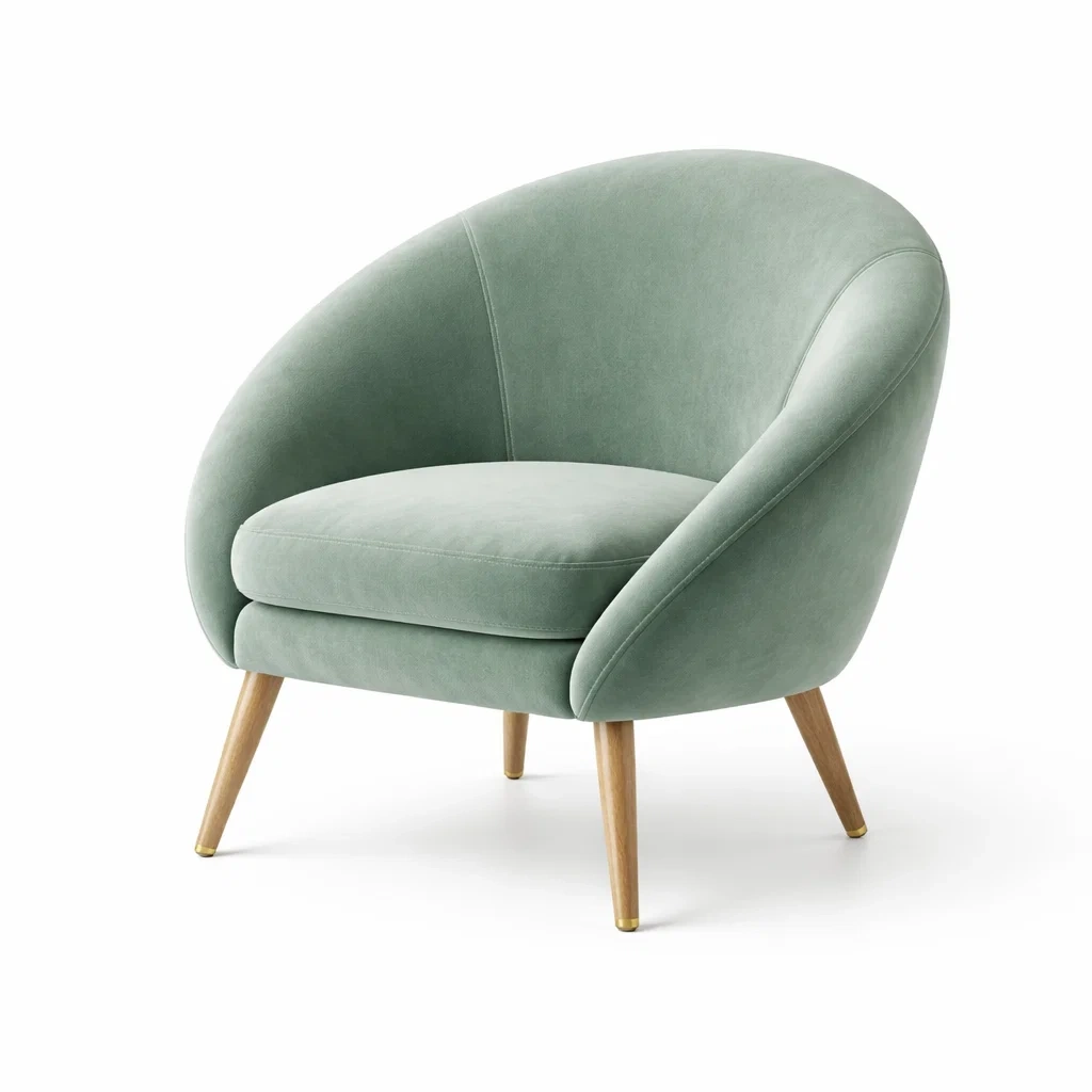 Silla lounge tapizada verde con patas de madera-livingnesthub