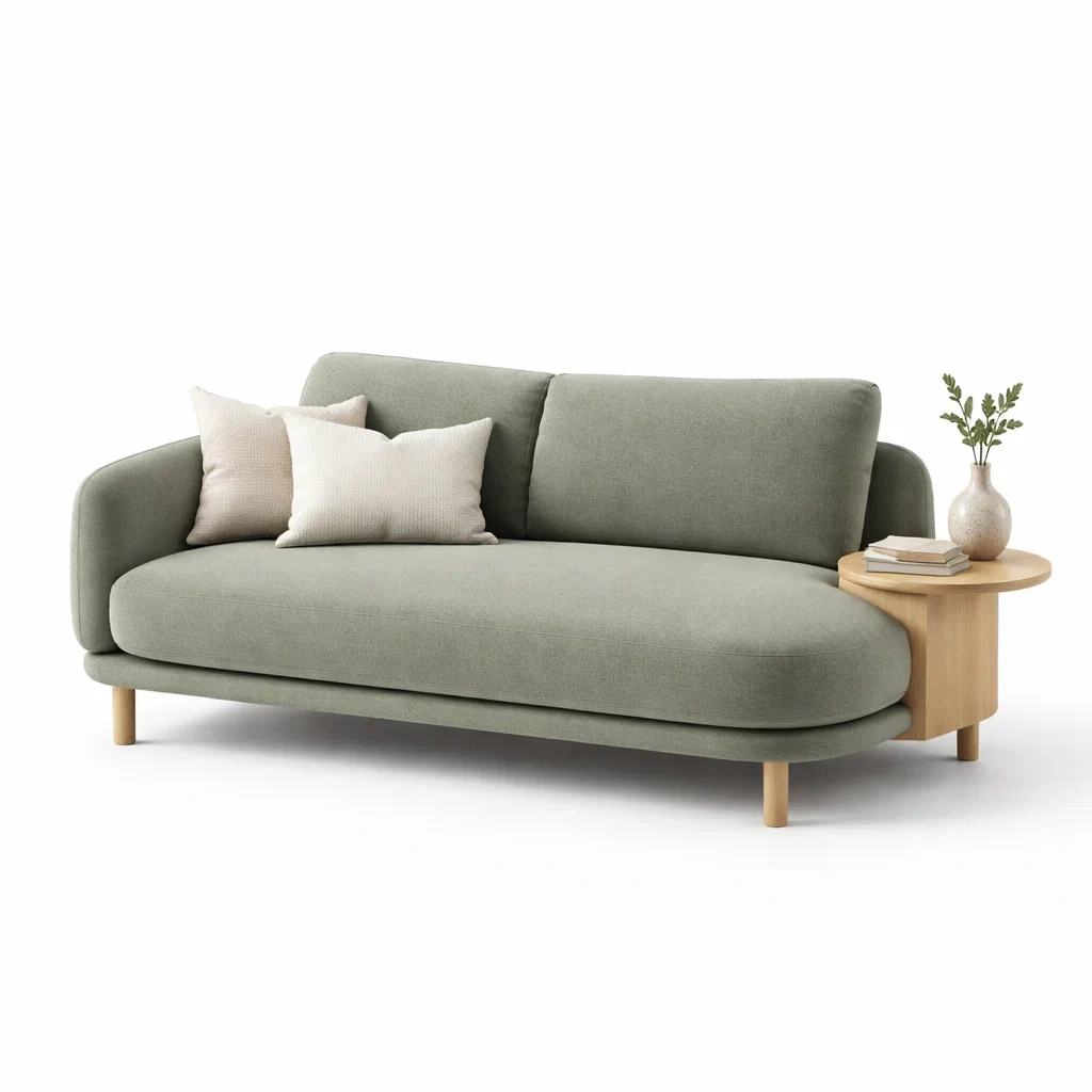 Sofa tapizado moderno verde con mesa lateral integrada-livingnesthub