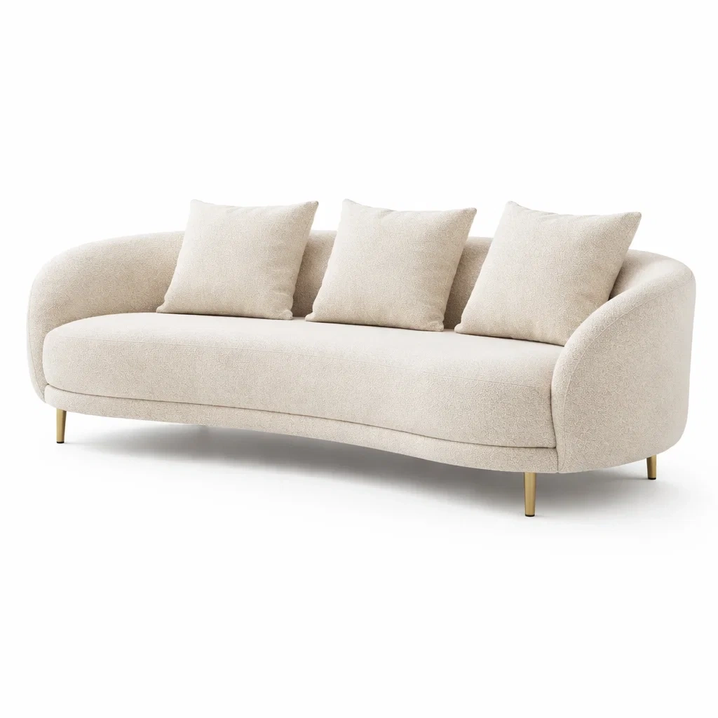 Sofa tapizado curvo beige con cojines-livingnesthub