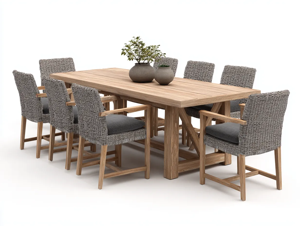 Set da pranzo da esterno-LEGNO-FIBRA SINTETICA-220x100x76 cm-Grigio-Naturale-design contemporaneo-Nookyard
