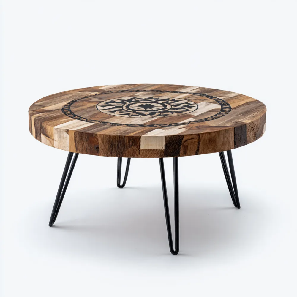 Runder Couchtisch Massivholz 80x80x45 cm – Natur/Schwarz – Boho-Stil