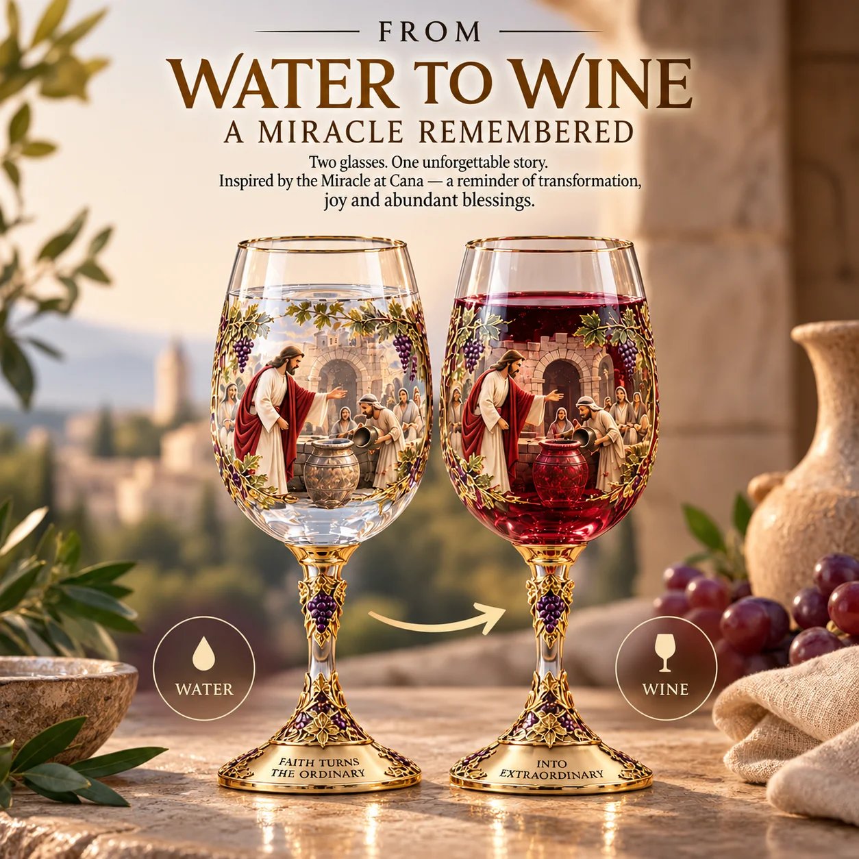 The Miracle at Cana matching water-inspired and wine-inspired glasses