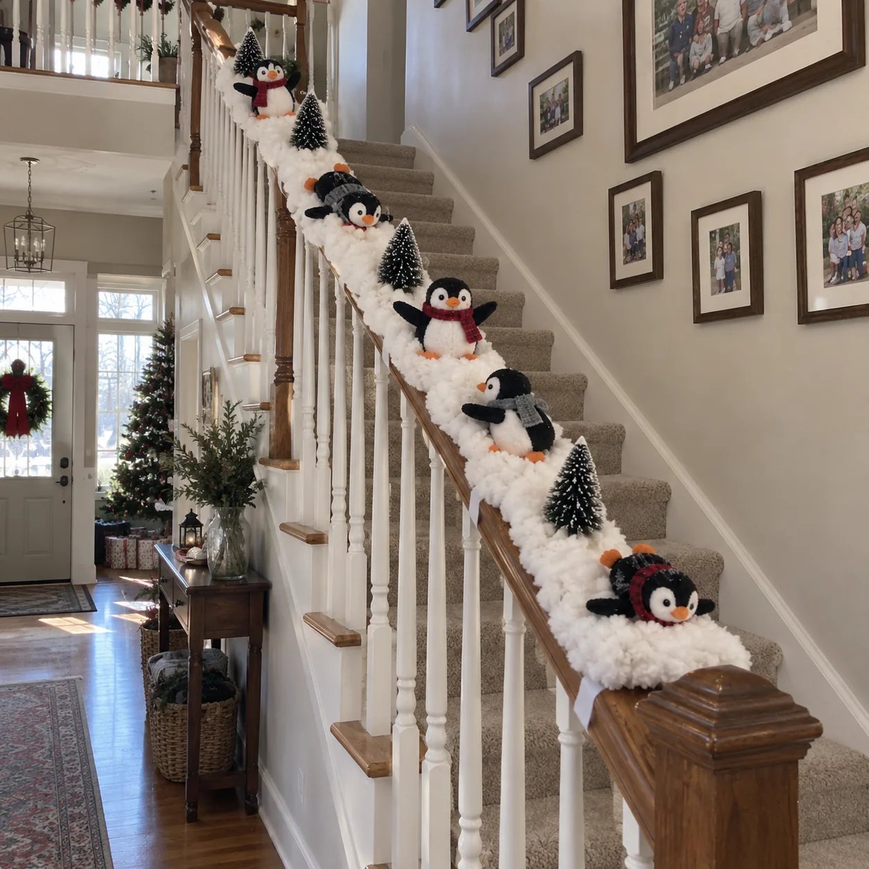 Christmas penguin stair decor daytime