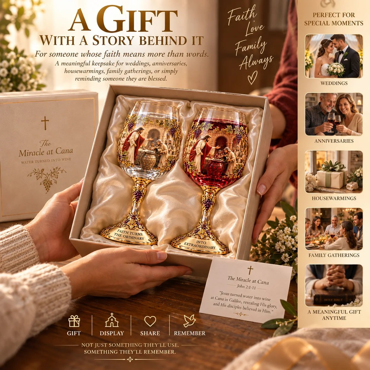 The Miracle at Cana matching glass set presented as a meaningful faith-inspired gift
