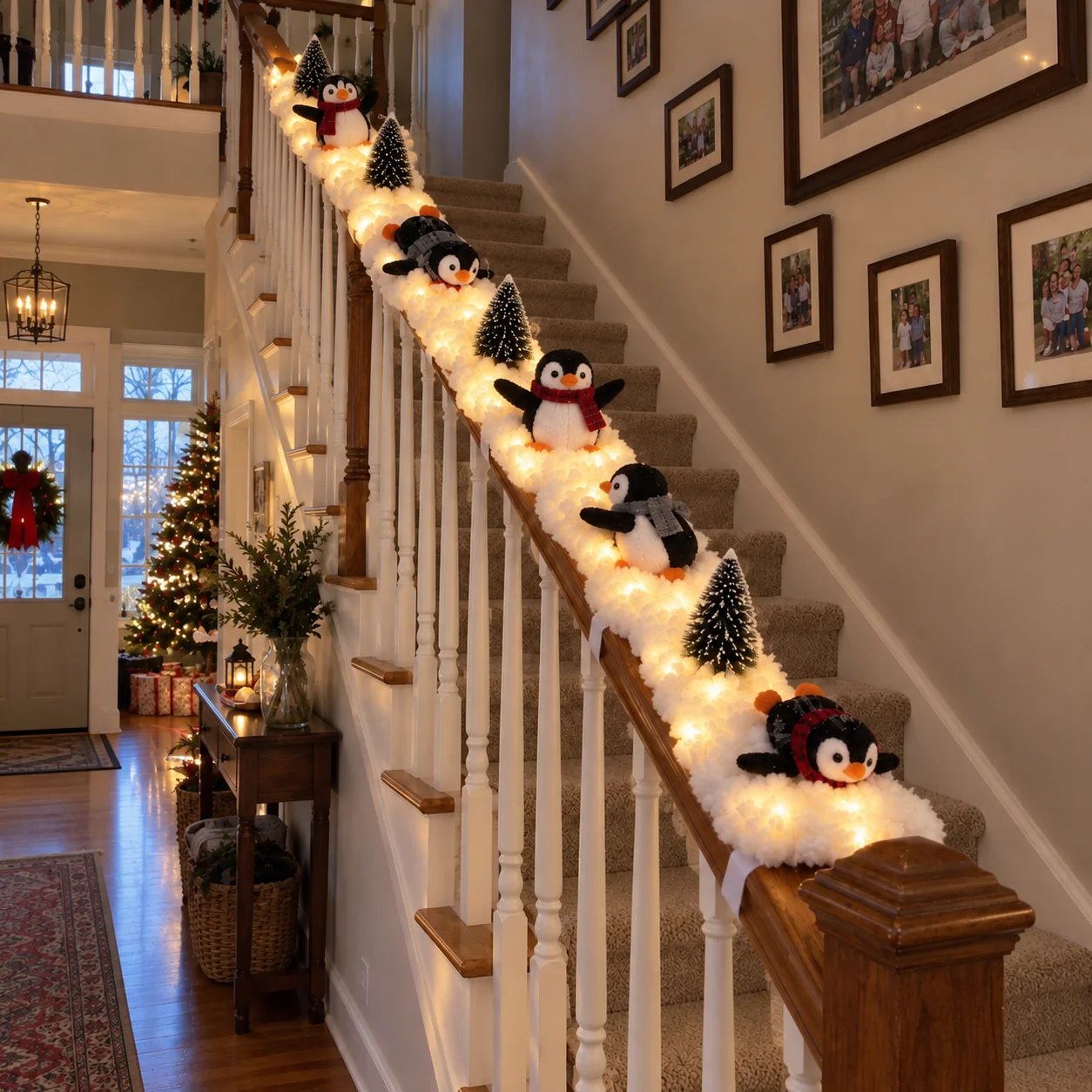 Christmas penguin stair decor illuminated at night
