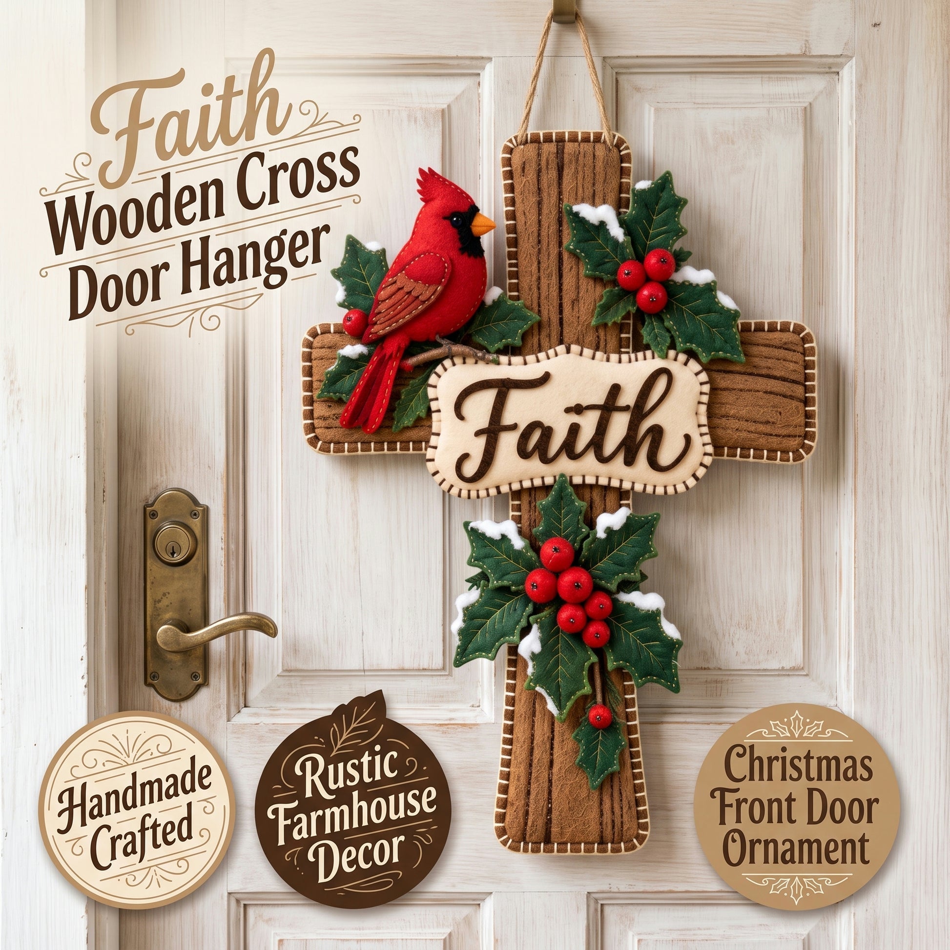 Cardinal Bird Faith Cross Christmas Door Hanger