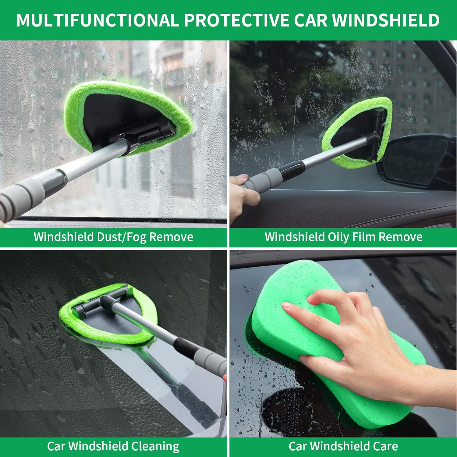 💥 💥 🔥 Windshield Cleaning Tool, Microfiber Car Window Cleaner with 4 Reusable and Washable Microfiber Pads and A brush and a spray bottle are included.