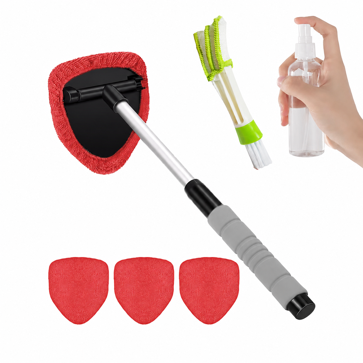 💥 💥 🔥 Windshield Cleaning Tool, Microfiber Car Window Cleaner with 4 Reusable and Washable Microfiber Pads and A brush and a spray bottle are included.
