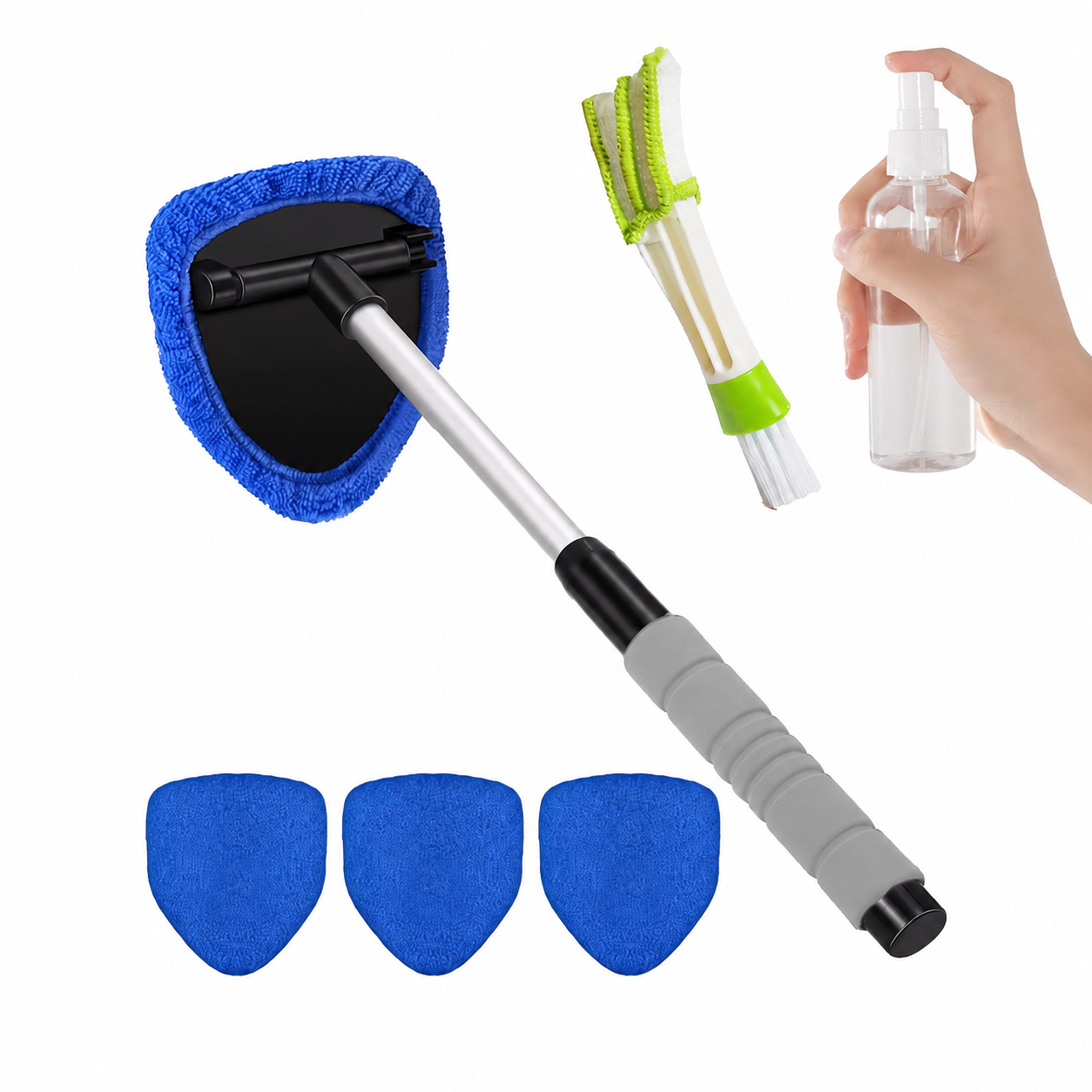 💥 💥 🔥 Windshield Cleaning Tool, Microfiber Car Window Cleaner with 4 Reusable and Washable Microfiber Pads and A brush and a spray bottle are included.