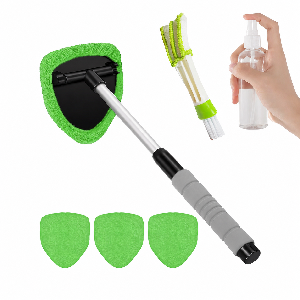 💥 💥 🔥 Windshield Cleaning Tool, Microfiber Car Window Cleaner with 4 Reusable and Washable Microfiber Pads and A brush and a spray bottle are included.