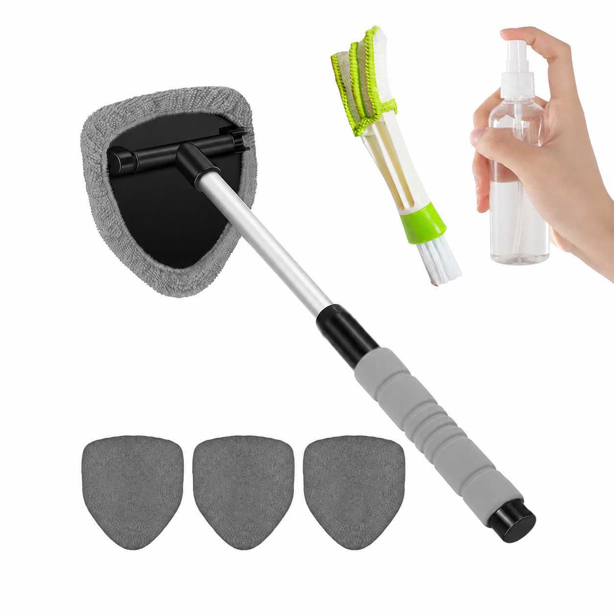 💥 💥 🔥 Windshield Cleaning Tool, Microfiber Car Window Cleaner with 4 Reusable and Washable Microfiber Pads and A brush and a spray bottle are included.