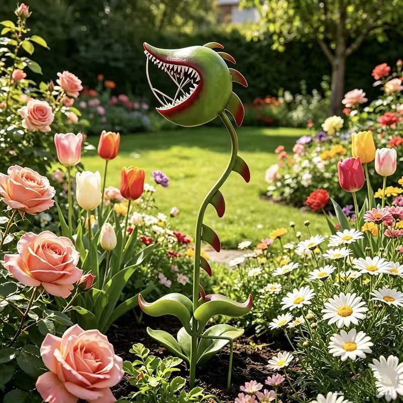 Whimsical Metal Carnivorous Plant Garden Stake – Fantasy Outdoor Yard Decor