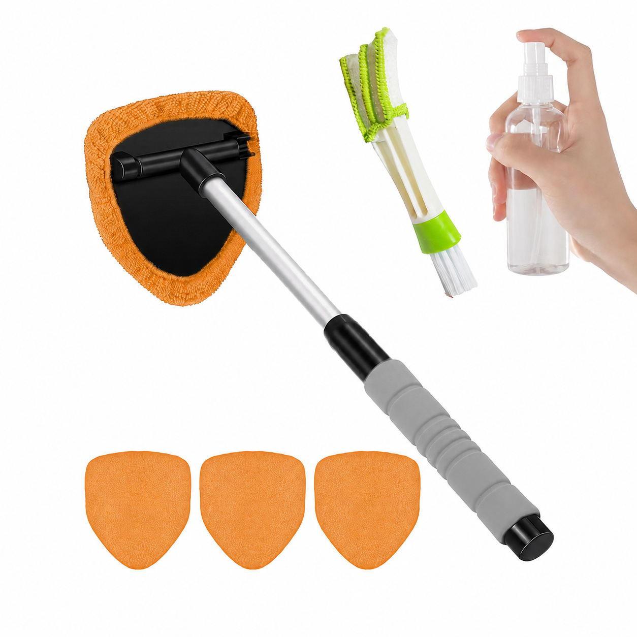 💥 💥 🔥 Windshield Cleaning Tool, Microfiber Car Window Cleaner with 4 Reusable and Washable Microfiber Pads and A brush and a spray bottle are included.