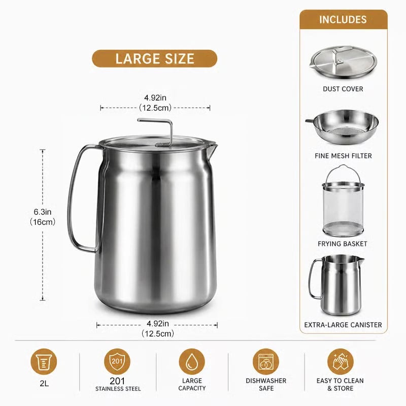 68oz 304 Stainless Steel Deep Fryer Pot with Basket & Strainer, Large Capacity Bacon Grease Container for Kitchen,Frying, Cooking, Camping,Oil Filter Container - Dishwasher Safe