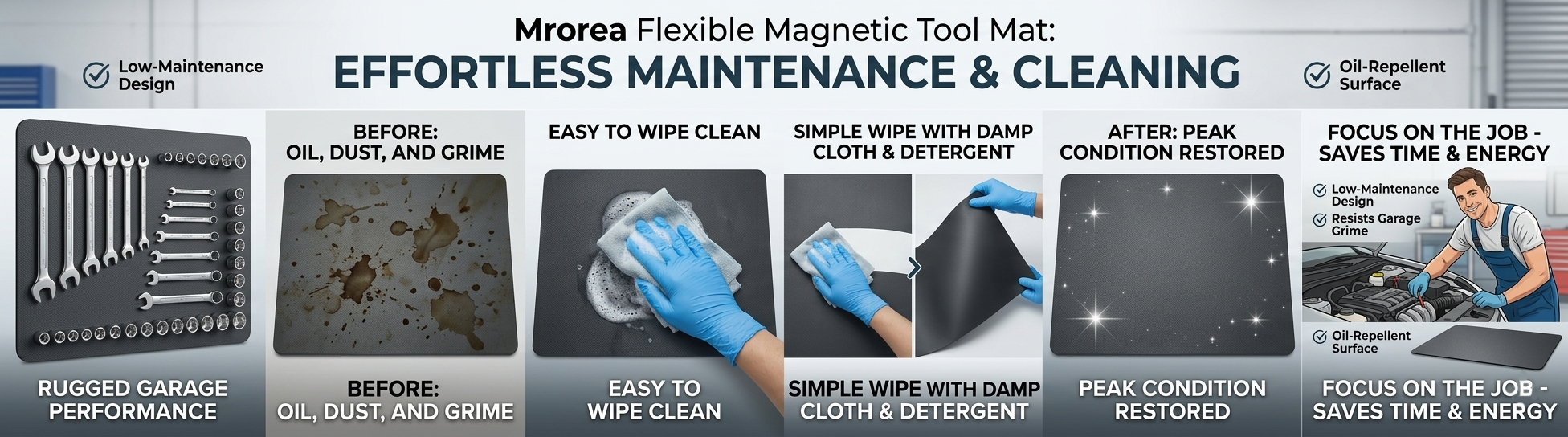 Wiping oil and grease off the magnetic tool mat with a shop rag