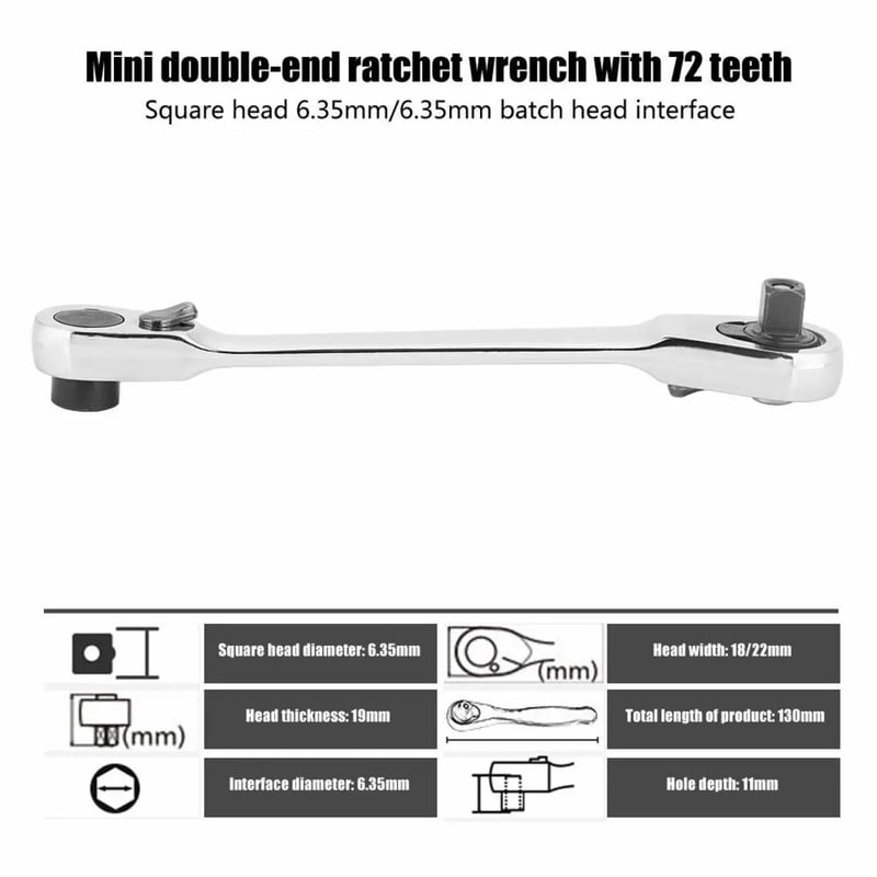 ✨1/4 Inch Mini Double Headed Ratchet Wrench Silver 72-Tooth 5° Quick Release Drive Socket Tool