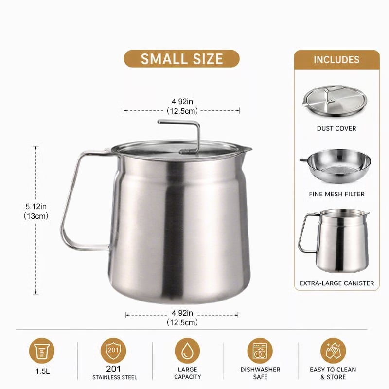68oz 304 Stainless Steel Deep Fryer Pot with Basket & Strainer, Large Capacity Bacon Grease Container for Kitchen,Frying, Cooking, Camping,Oil Filter Container - Dishwasher Safe