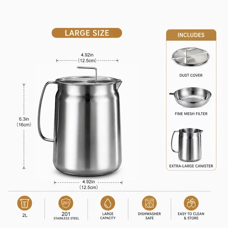 68oz 304 Stainless Steel Deep Fryer Pot with Basket & Strainer, Large Capacity Bacon Grease Container for Kitchen,Frying, Cooking, Camping,Oil Filter Container - Dishwasher Safe
