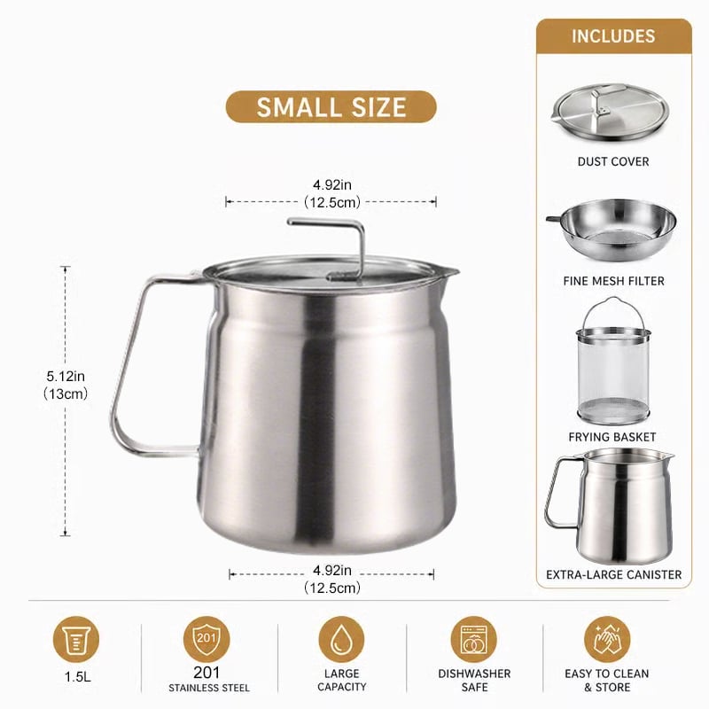 68oz 304 Stainless Steel Deep Fryer Pot with Basket & Strainer, Large Capacity Bacon Grease Container for Kitchen,Frying, Cooking, Camping,Oil Filter Container - Dishwasher Safe