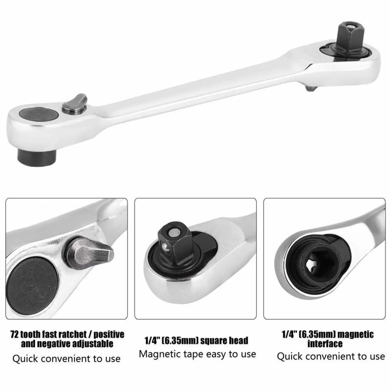 ✨1/4 Inch Mini Double Headed Ratchet Wrench Silver 72-Tooth 5° Quick Release Drive Socket Tool